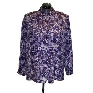 Vintage Casual Corner size 1X SILK purple floral button up long sleeve blouse